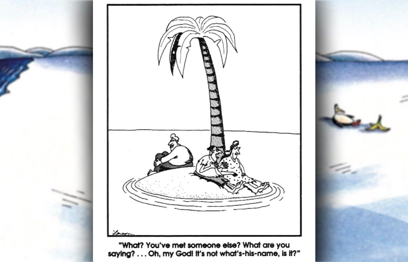 far side comic about marital breakdown on a desert island