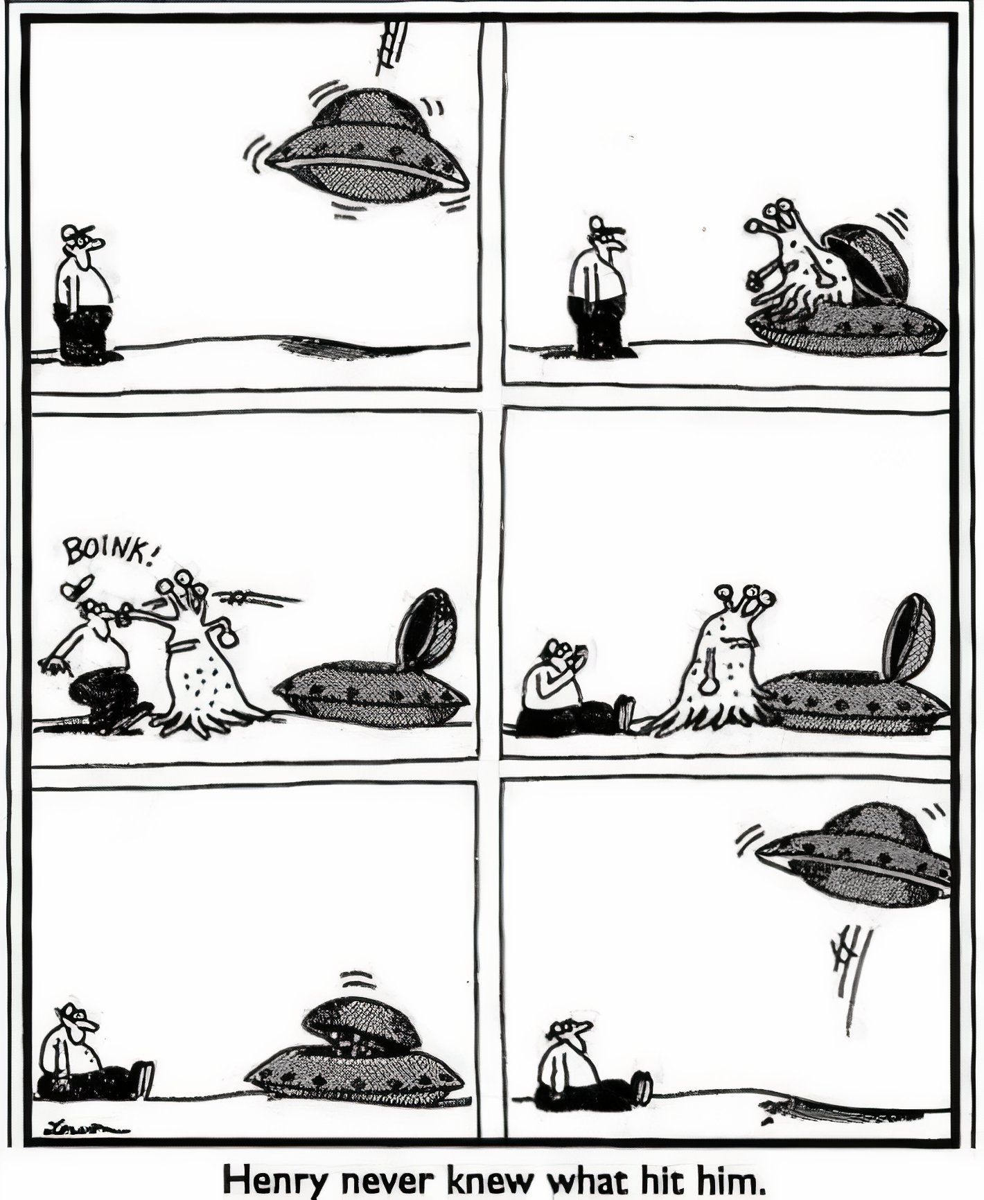 Far Side comic featuring an alien whacking a man on the head, with a 'boink' sound effect