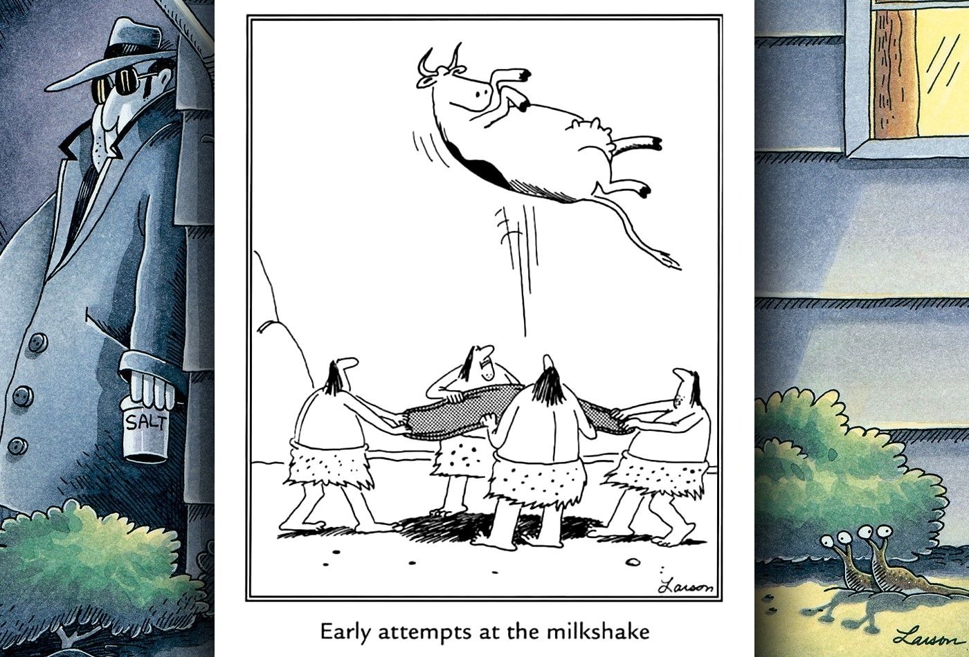 far side comic joking on cavemen inventing milkshake