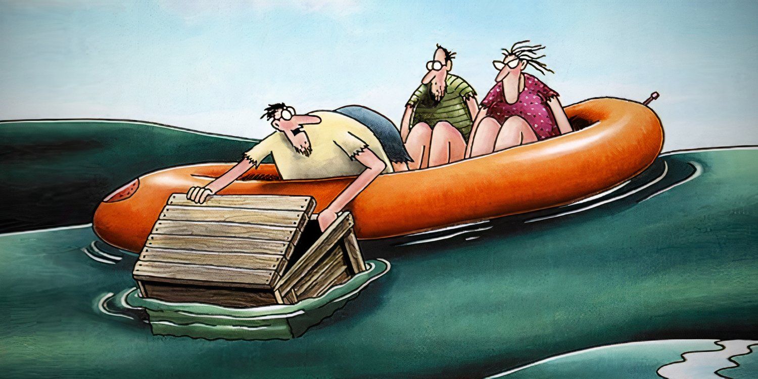 Far Side Comic of Wooden Crate Washing Up on Life Raft