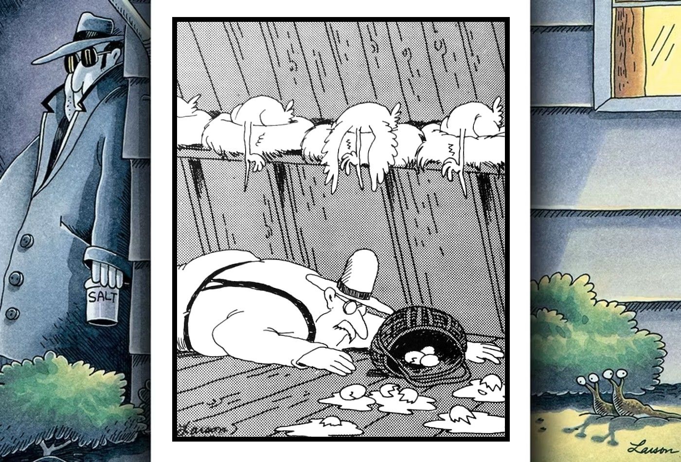 far side comic where a farmer drops some egg