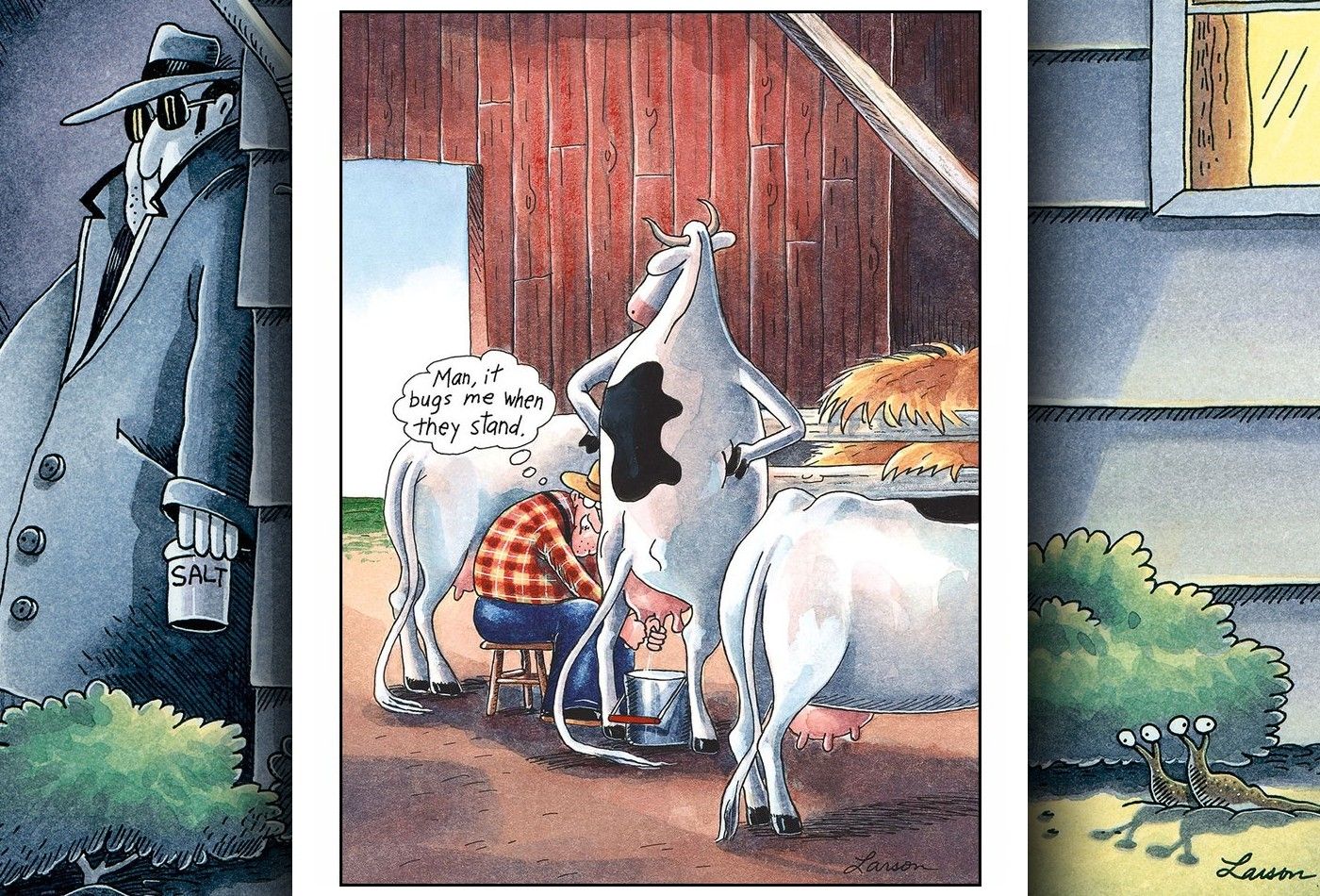 far side comic where a farmer milks a standing cow