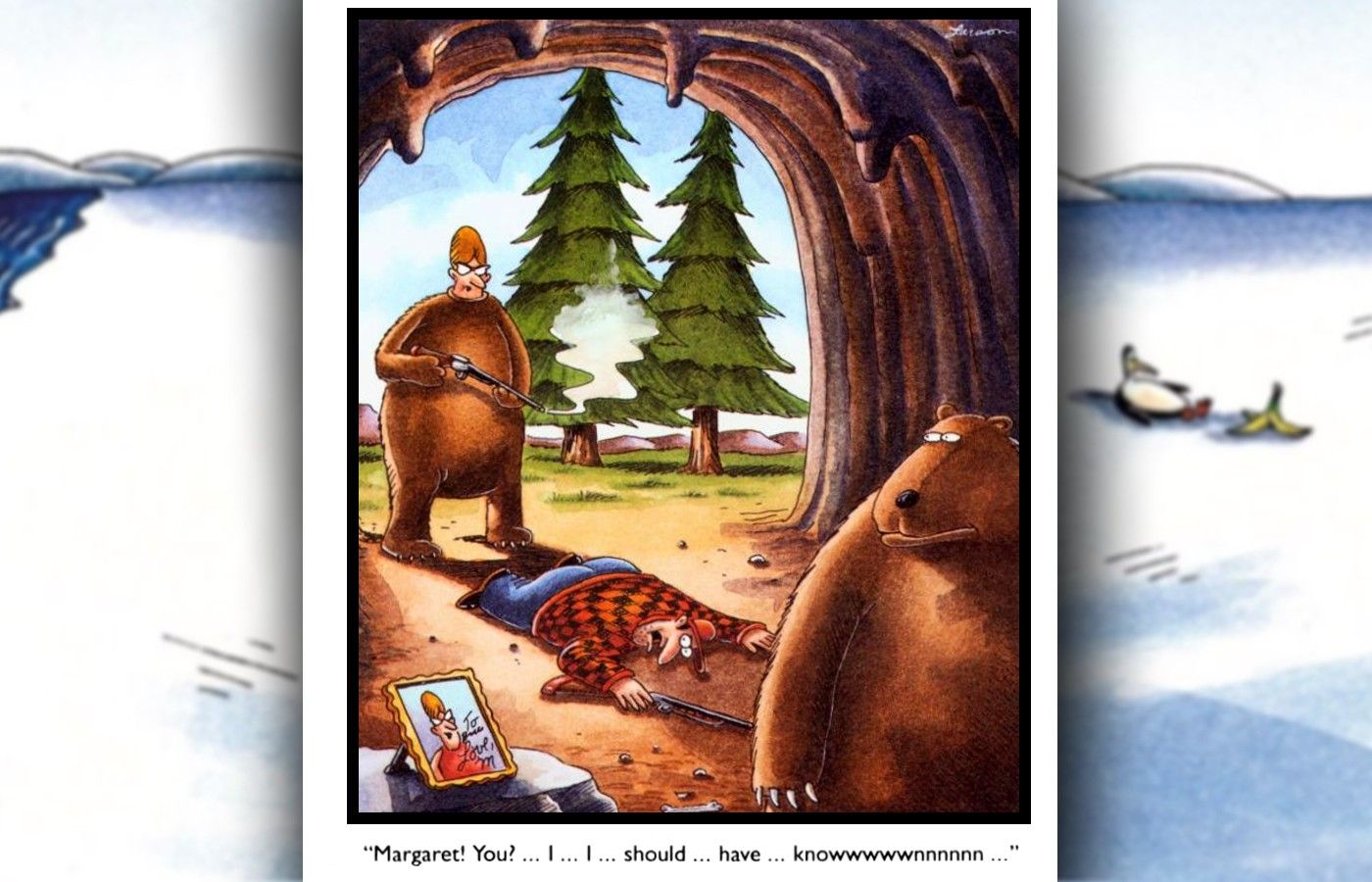 far side comic where a hunter's wife is cheating with the bear