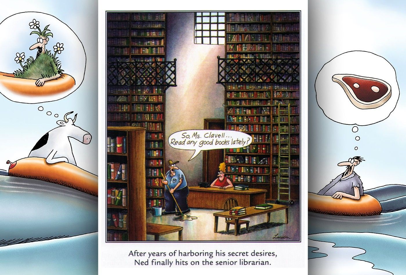 Far Side comic in which a librarian is flirted with