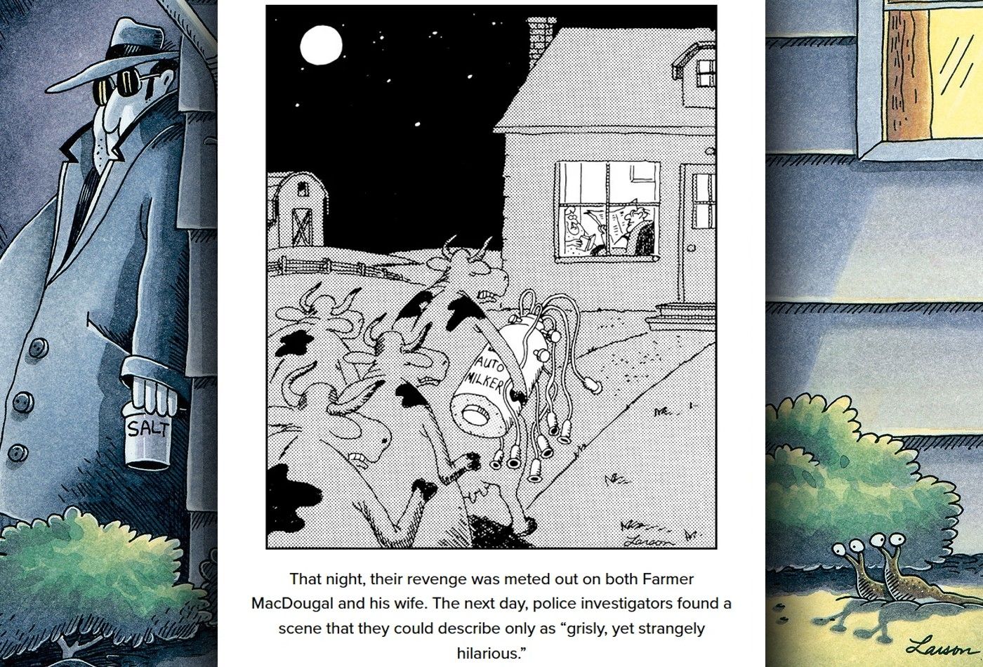 far side comic where cows milk a human as revenge