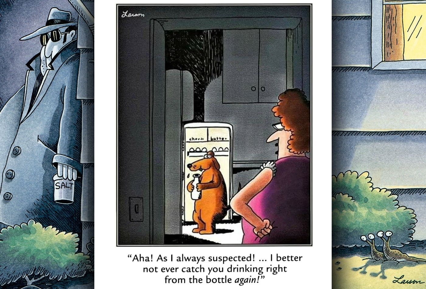 far side comic where dog is drinking the milk from the fridge