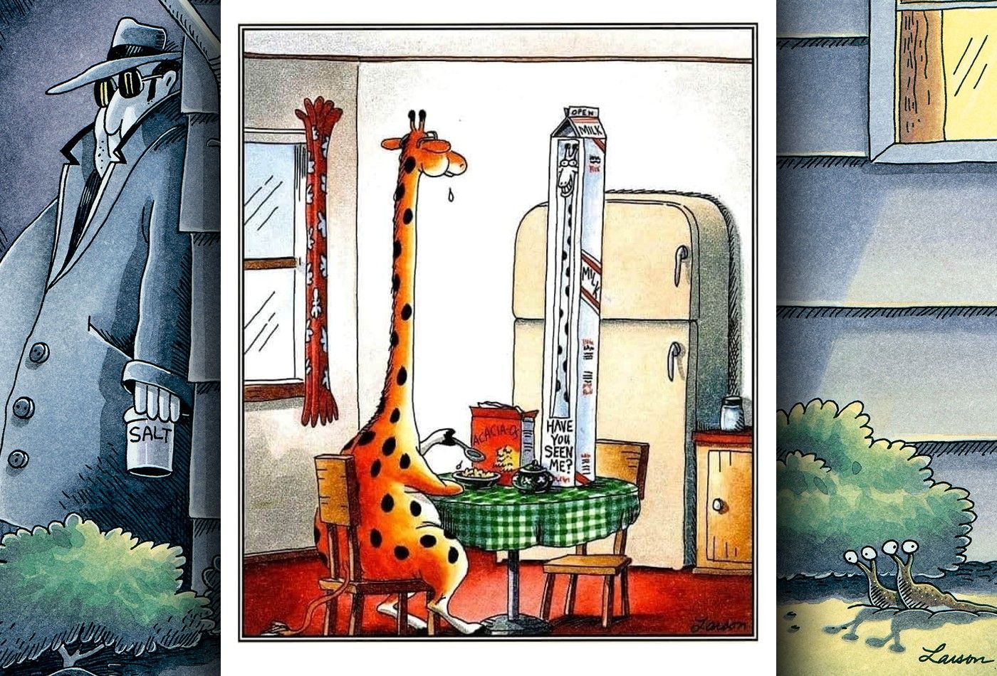 far side comic where giraffe is drinking milk