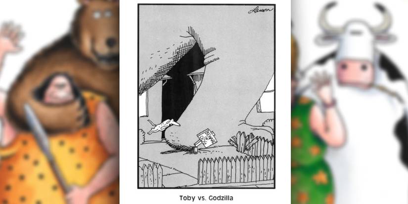 far side comic where household dog bites godzilla