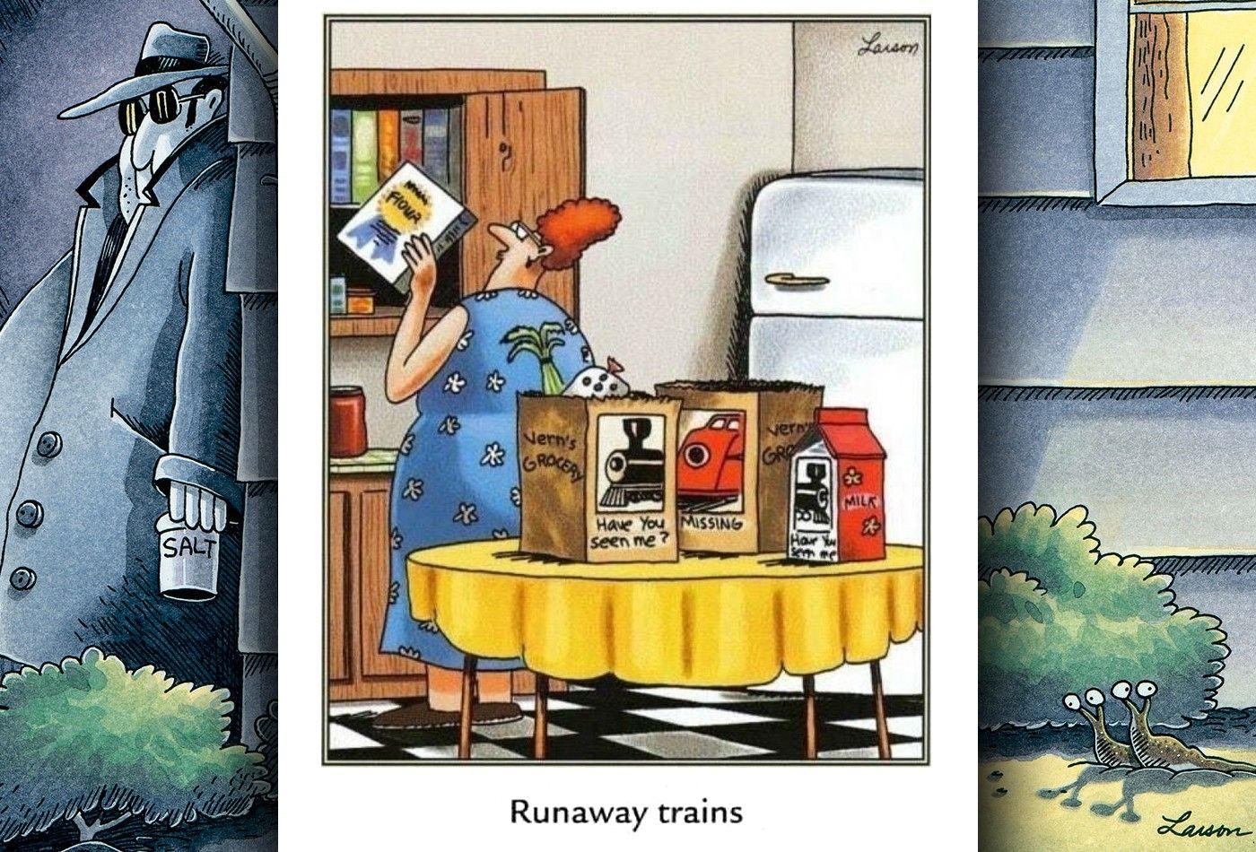 far side comic where runaway trains have their pictures on milk cartons