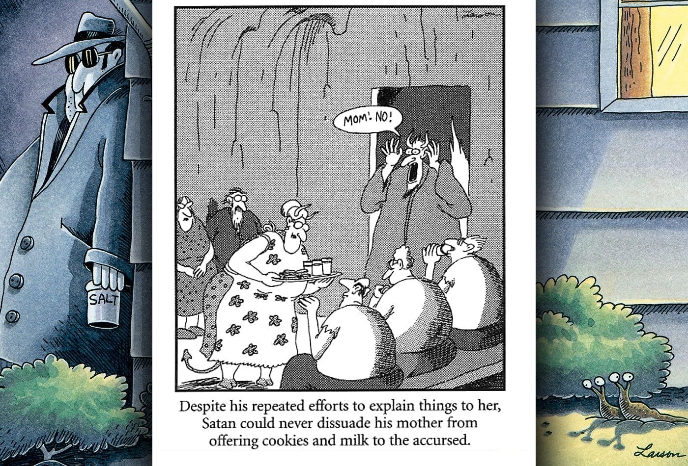 far side comic where the devil's mom hands out milk and cookies