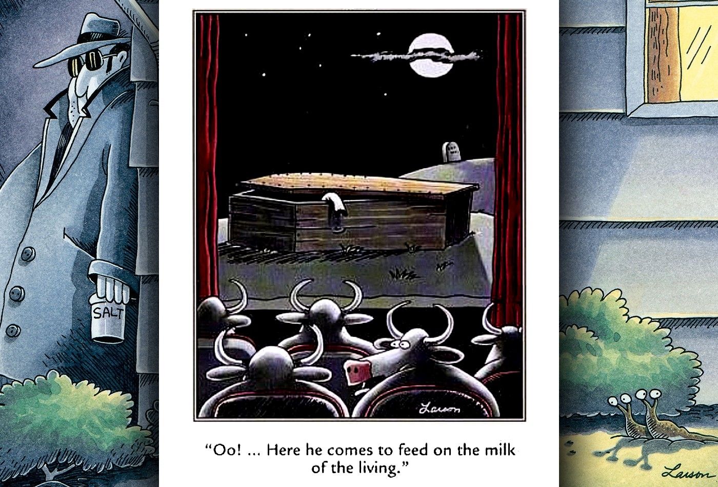 far side comic with a vampire cow