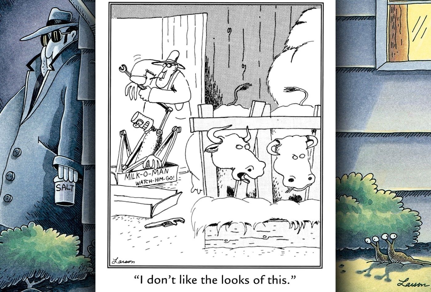 far side comic with an intimidating milking machine