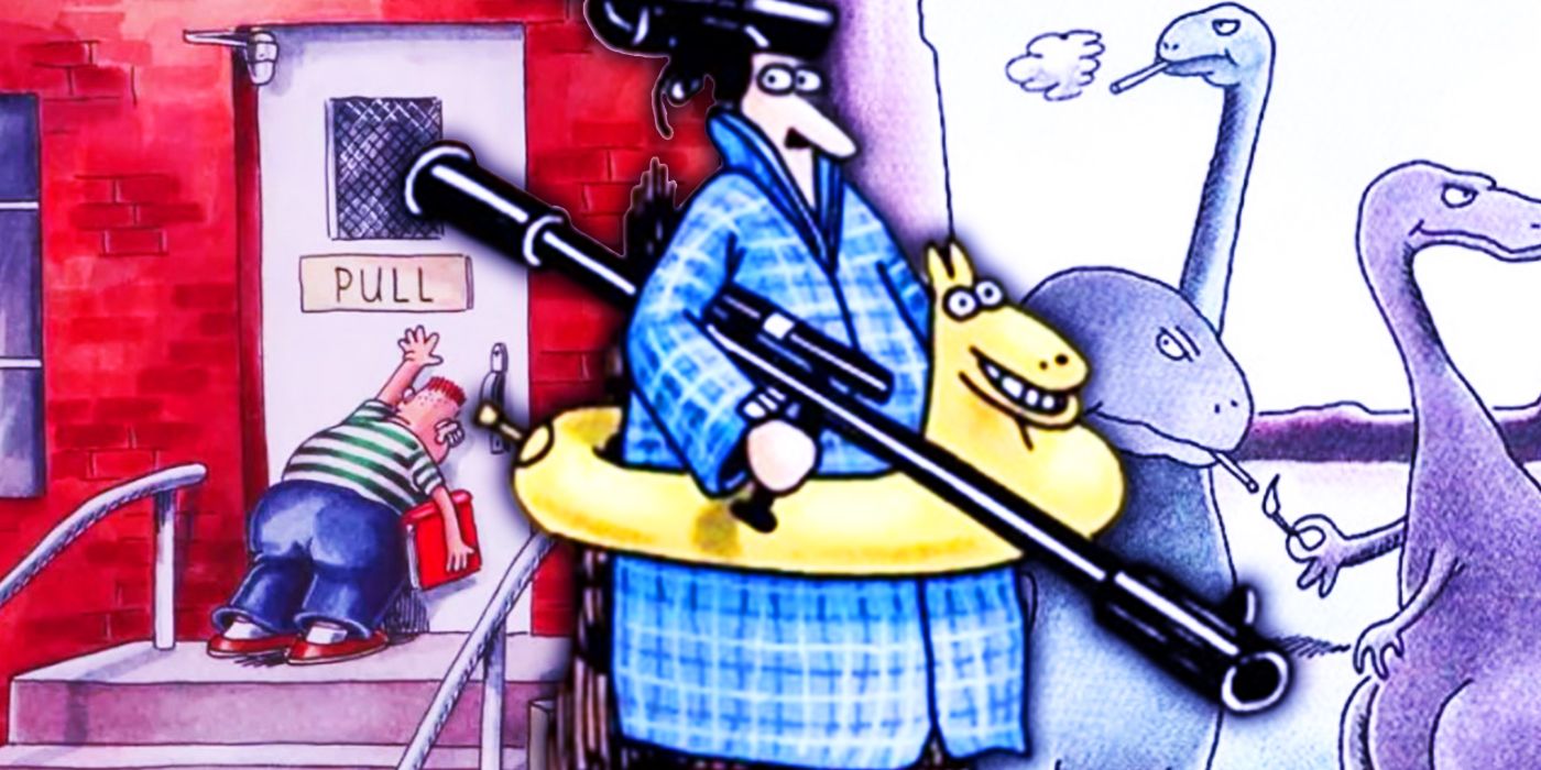 Far Side Comics Collage Showing a Man with a Rocket Launcher, Dinosaurs Smoking, and a Boy Pushing on a Pull Door