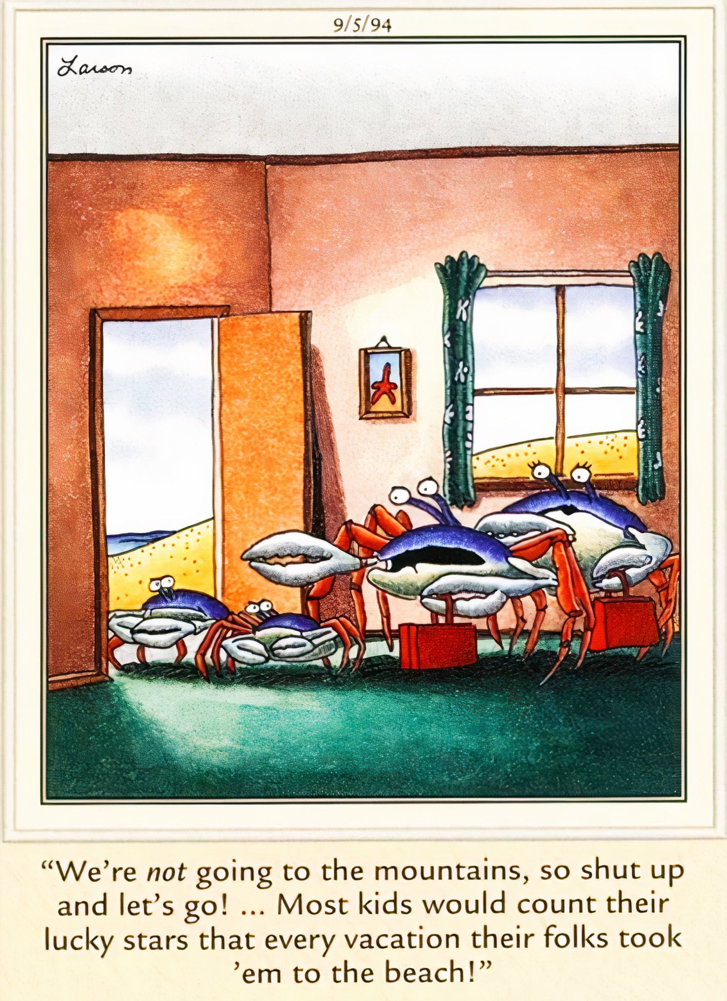 Far Side, crab family going to the beach on vacation.