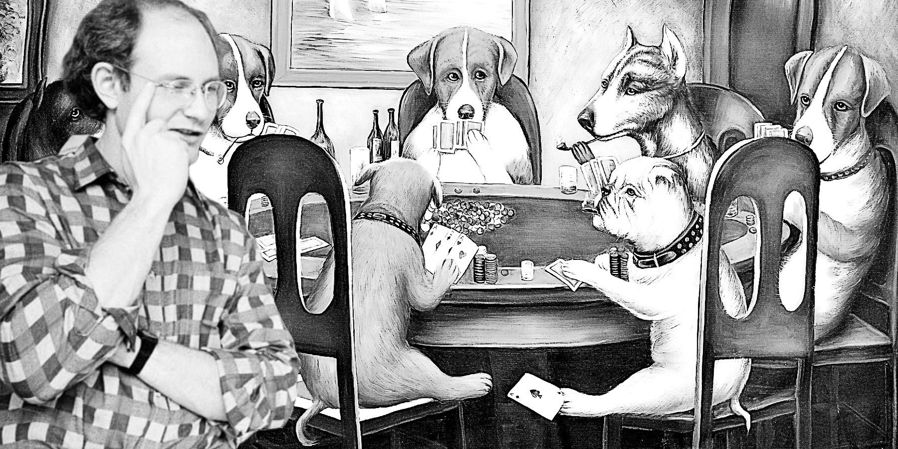 Far Side creator Gary Larson (left) and the iconic Dogs Playing Poker portrait, in black and white