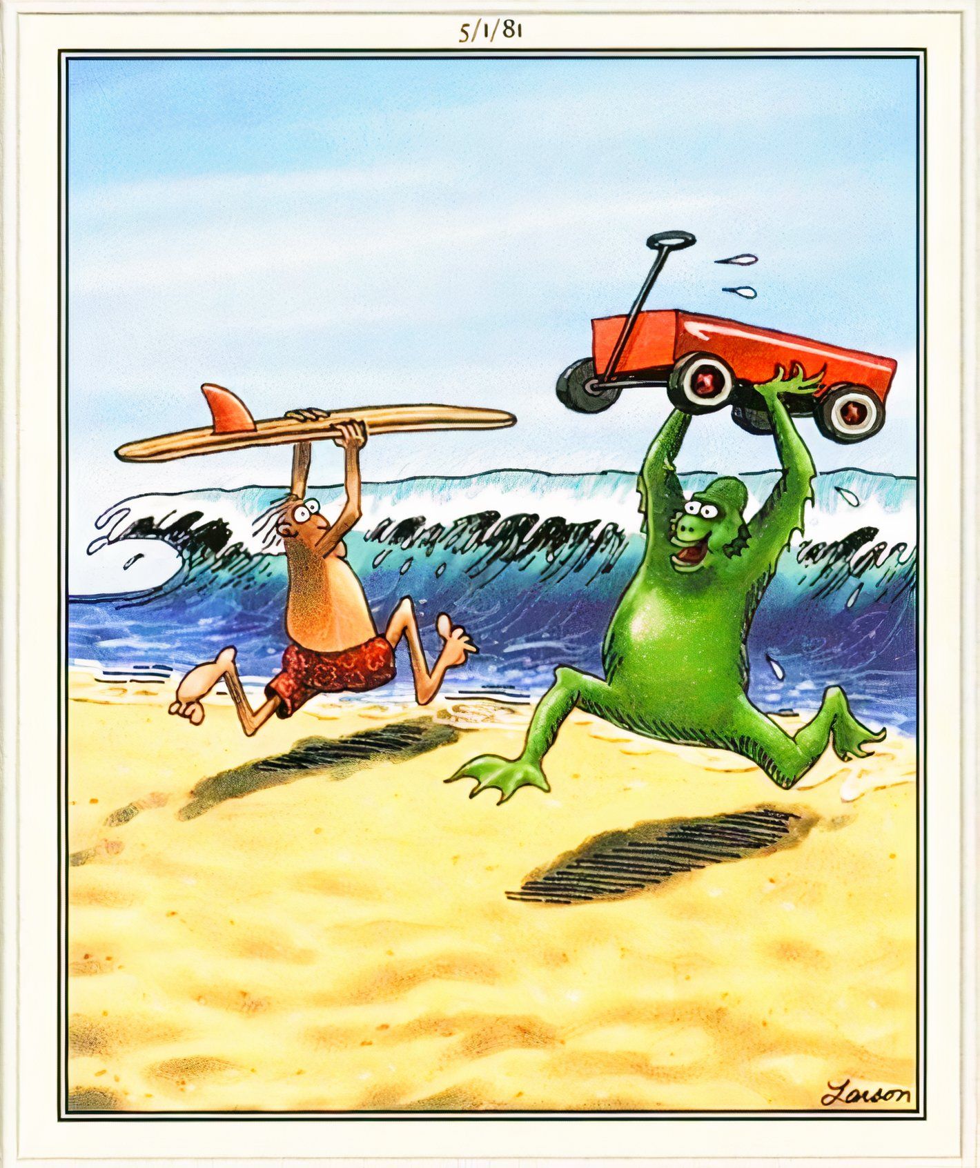 Far Side, Creature From the Black Lagoons runs away from ocean with a wagon; guy runs to the ocean with a surfboard.