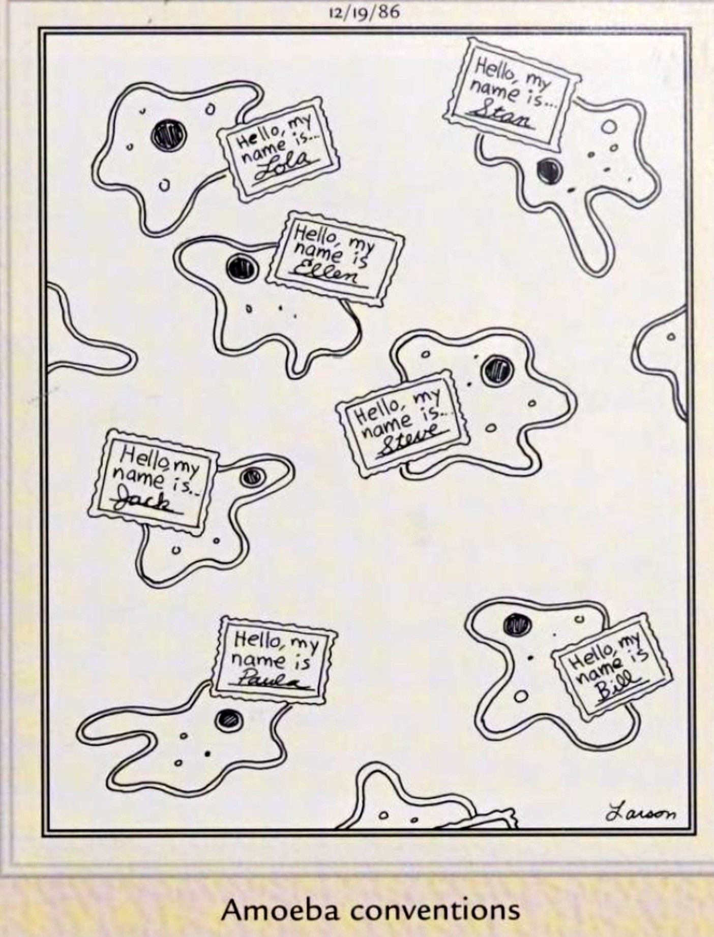 Far Side, December 19, 1986, amoebas at a convention wearing name tags