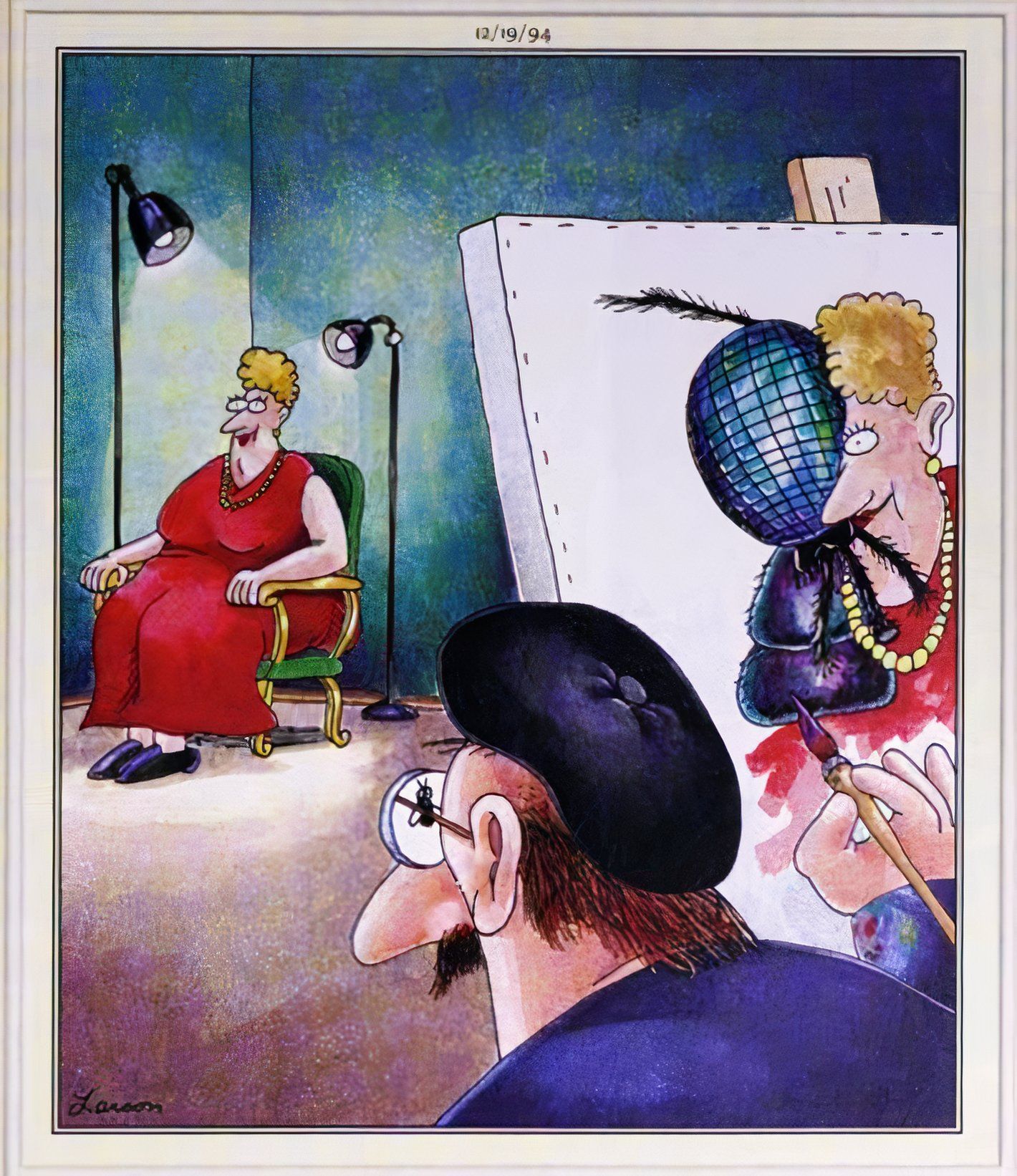 Far Side, 19 de dezembro de 1994, um pintor com uma mosca nos óculos acidentalmente pinta o retrato de uma metade mulher, metade mosca