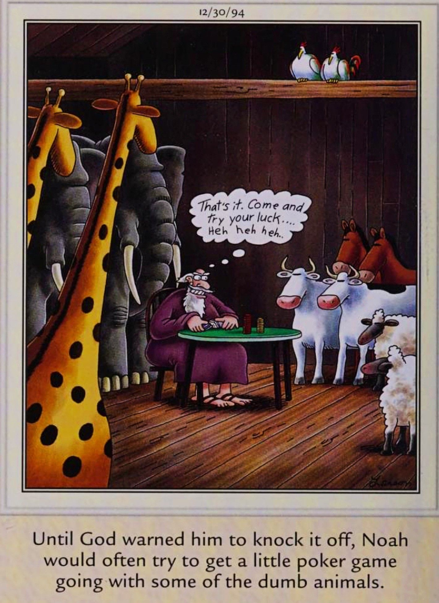 Far Side, 30 de dezembro de 1994, Noath se mete em problemas por tentar jogar com os animais de sua arca