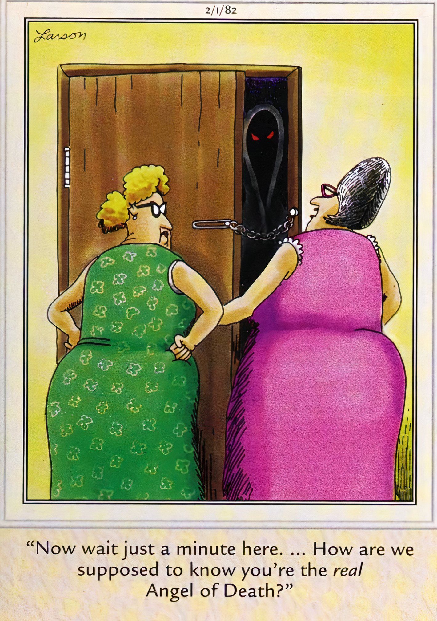 Far Side, 1º de fevereiro de 1982, duas mulheres hesitam em abrir a porta para o Anjo da Morte