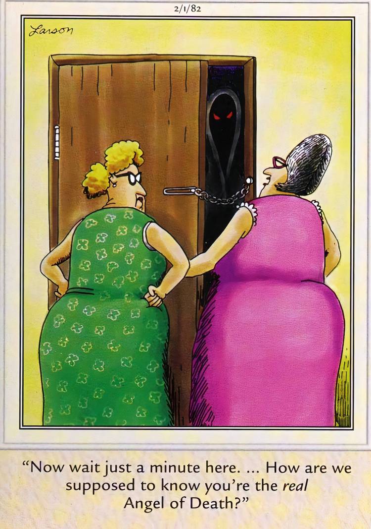 Far Side, February 1, 1982, two women hesitate to open the door for the Angel of Death