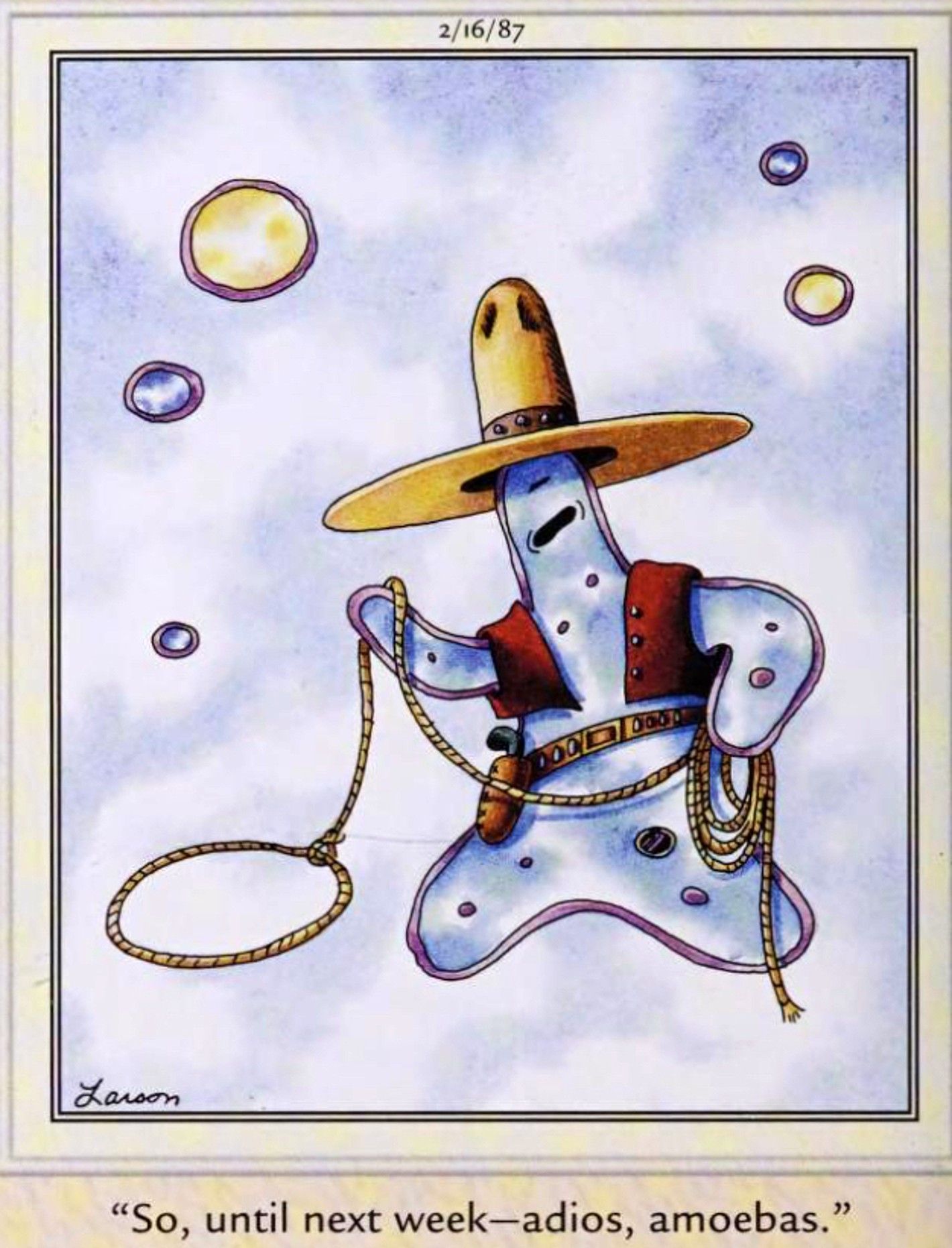 Far Side, 16 de fevereiro de 1987, um cowboy de ameba diz 'adios."