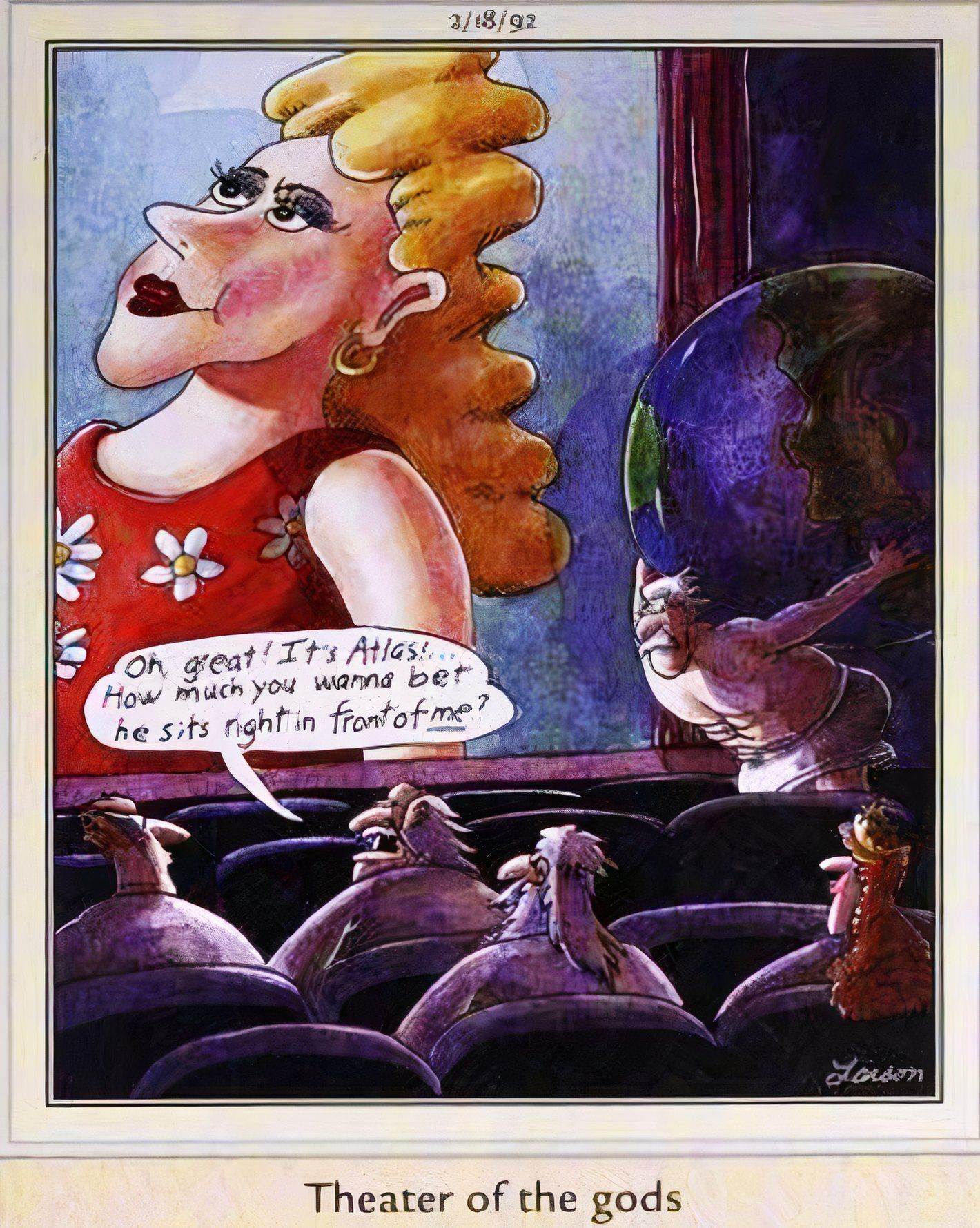 Far Side, 18 de fevereiro de 1992, deuses gregos em um cinema reclamam quando Atlas vem sentar na frente deles