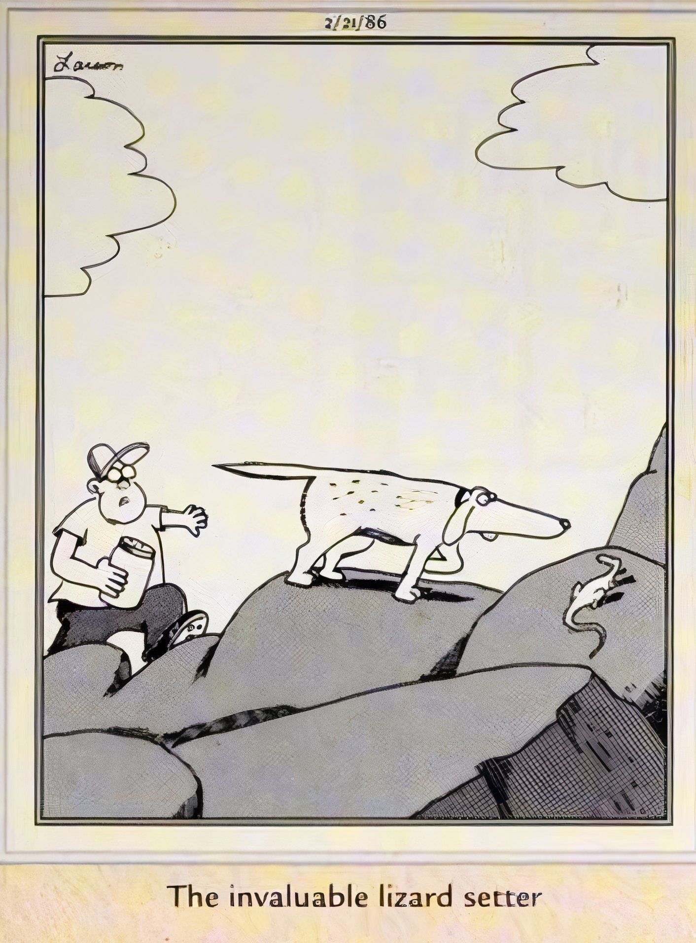 Far Side, February 21, 1986, a boy hunting lizards with his dog