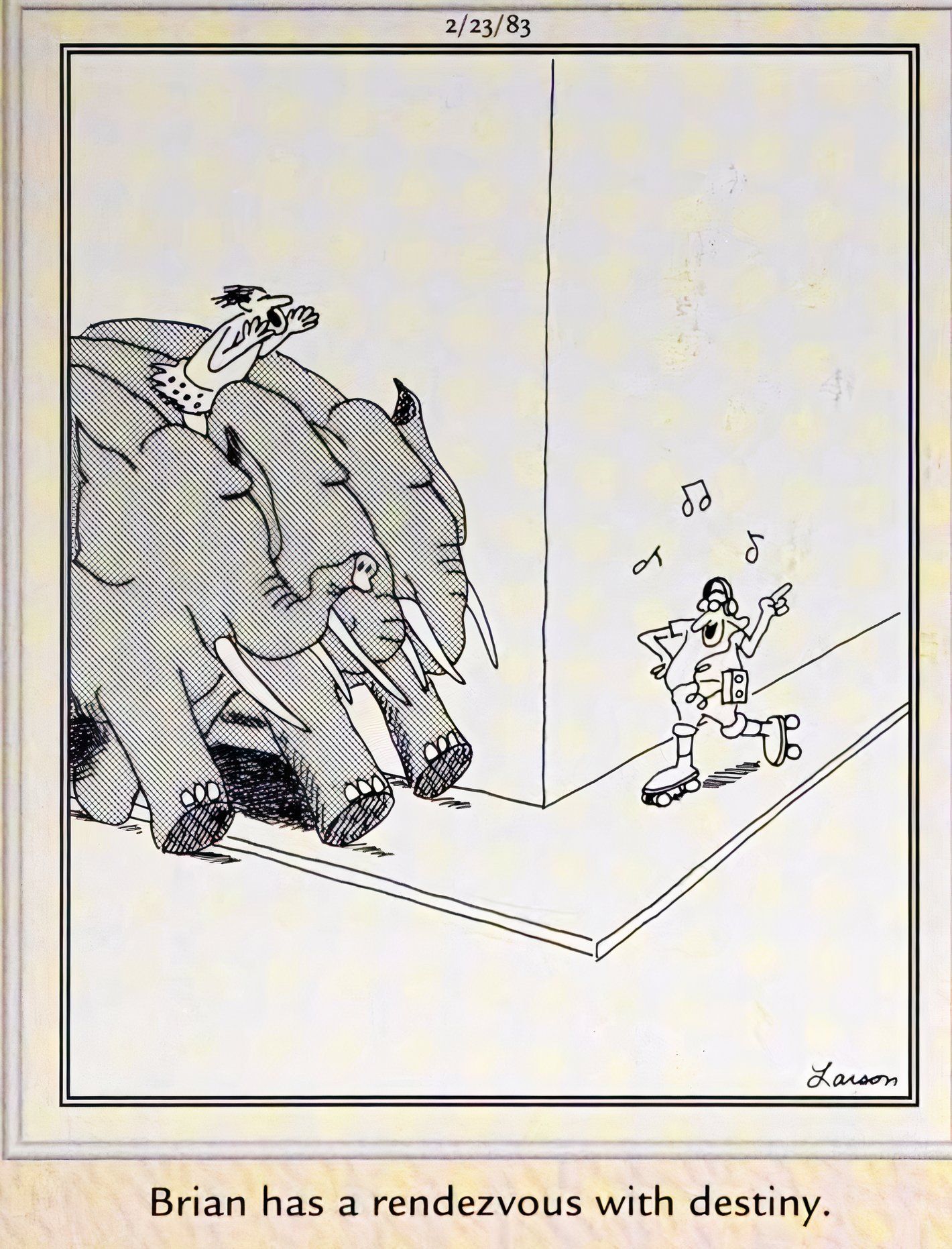 Far Side, February 23, 1983, Tarzan and a pack of elephants rush toward a crash with a rollerskater