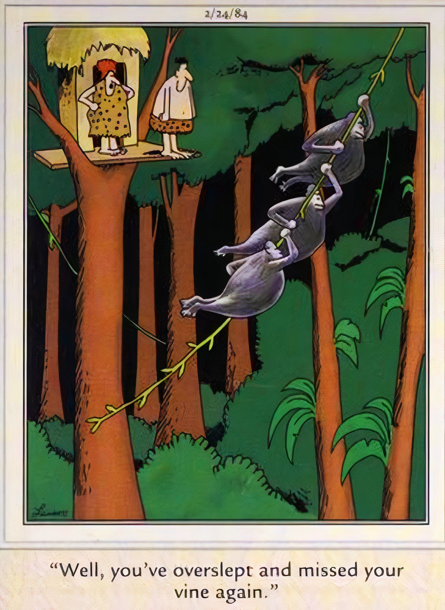 Far Side, February 24, 1984, Tarzan 'misses his vine' in the morning