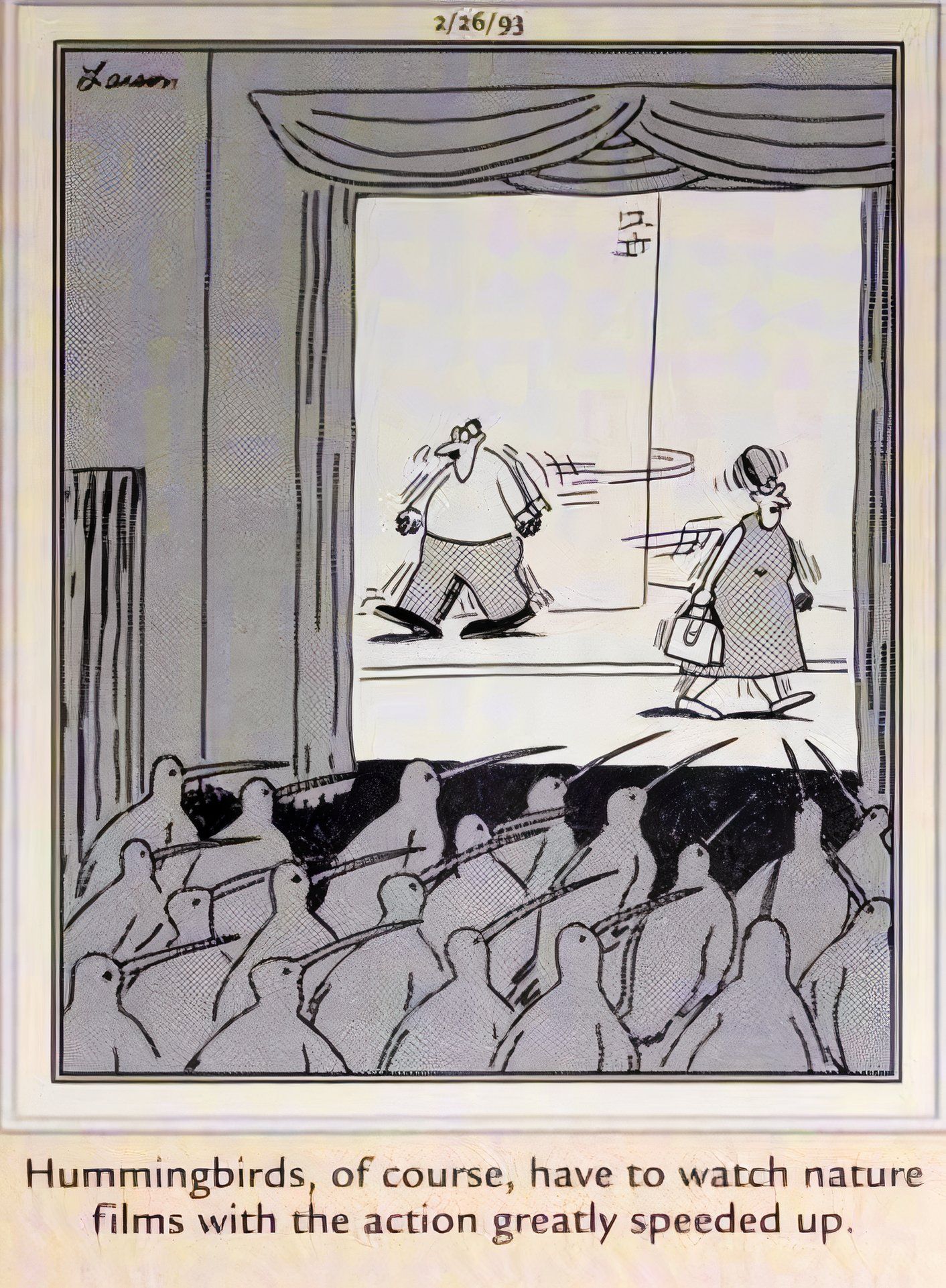 Far Side, 26 de fevereiro de 1993, beija-flores em um cinema assistindo a imagens aceleradas de humanos