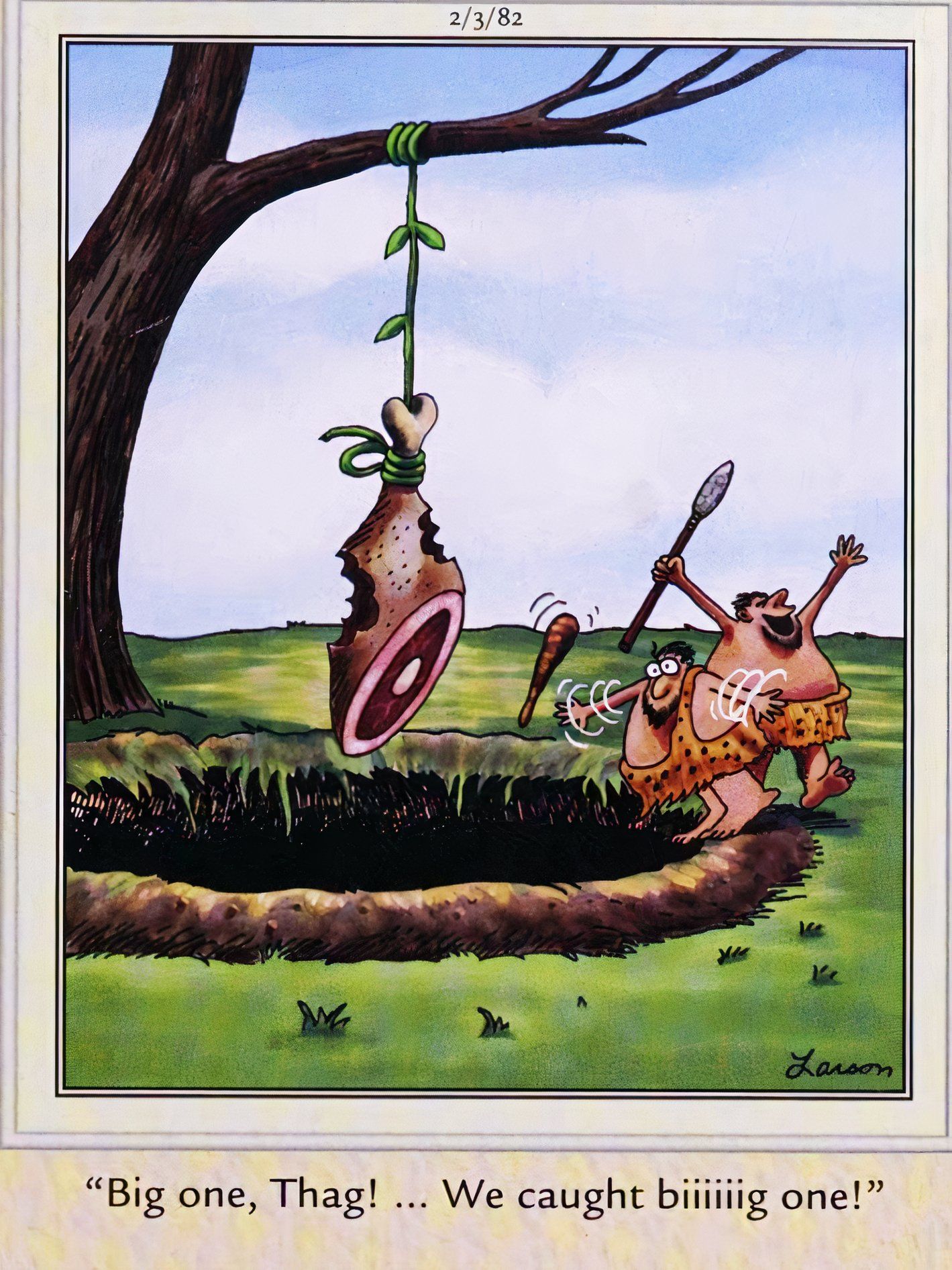 Far Side, February 3, 1982, prehistoric character Thag falls in a pit with a trapped monster