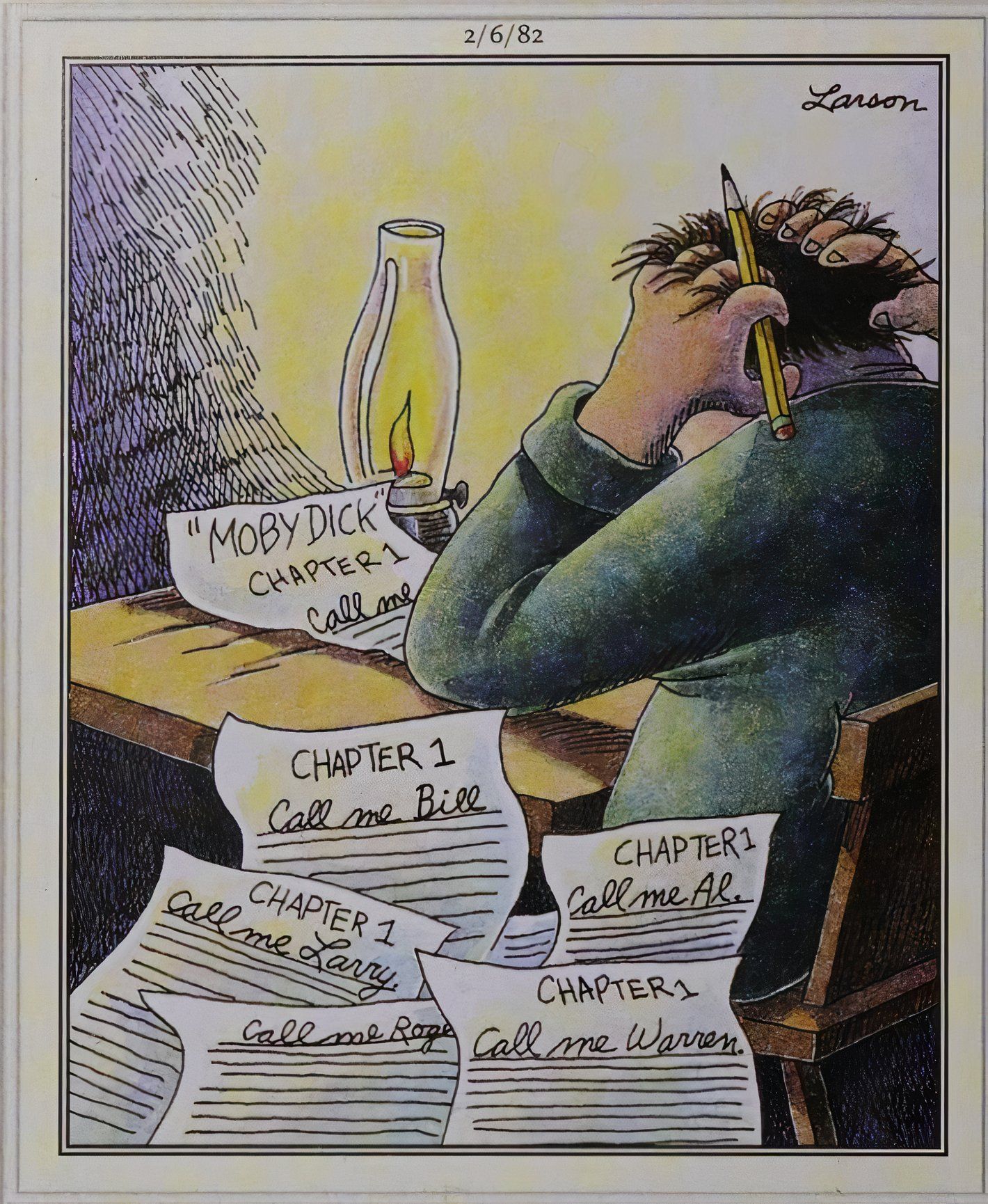 Far Side, February 6, 1982, Herman Melville struggles with the opening line of Moby Dick