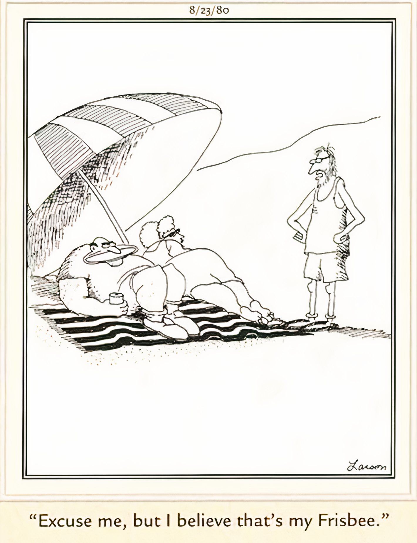 Far Side, a man with a frisbee in his mouth on the beach.