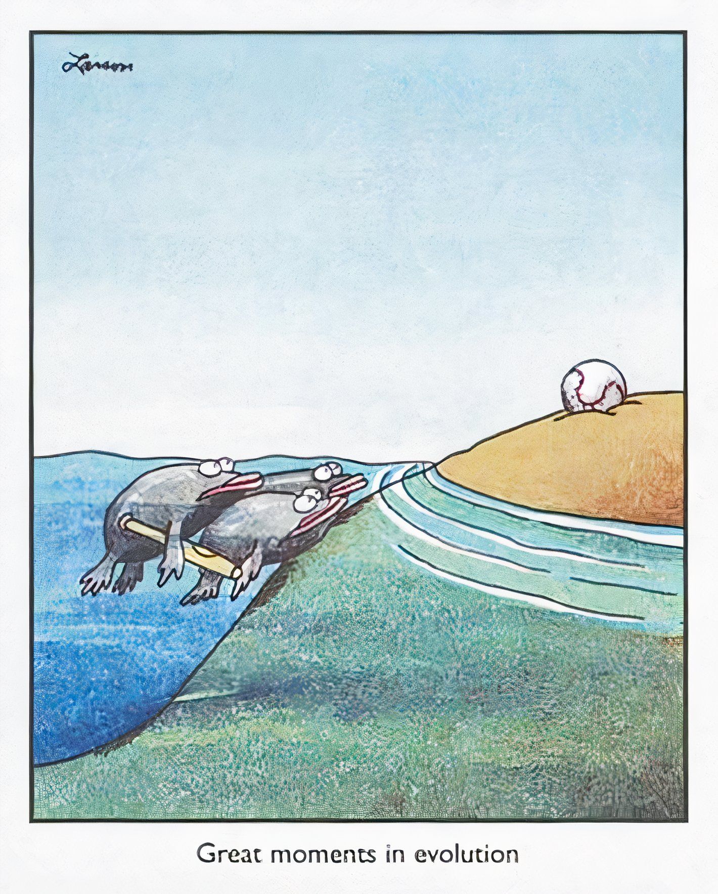 Far Side, great moments in evolution, a group of fish with a baseball bat crawl toward a ball on land