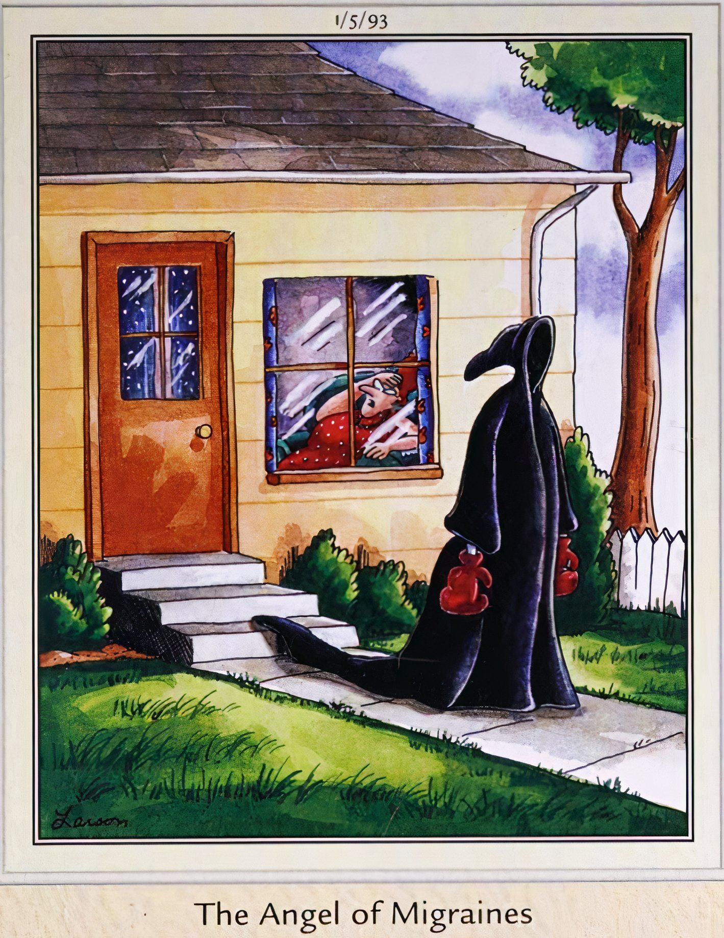 Far Side, 1º de janeiro de 1993, o Grim Reaper sai da casa de uma mulher usando luvas de boxe, com a legenda 'o anjo das enxaquecas'