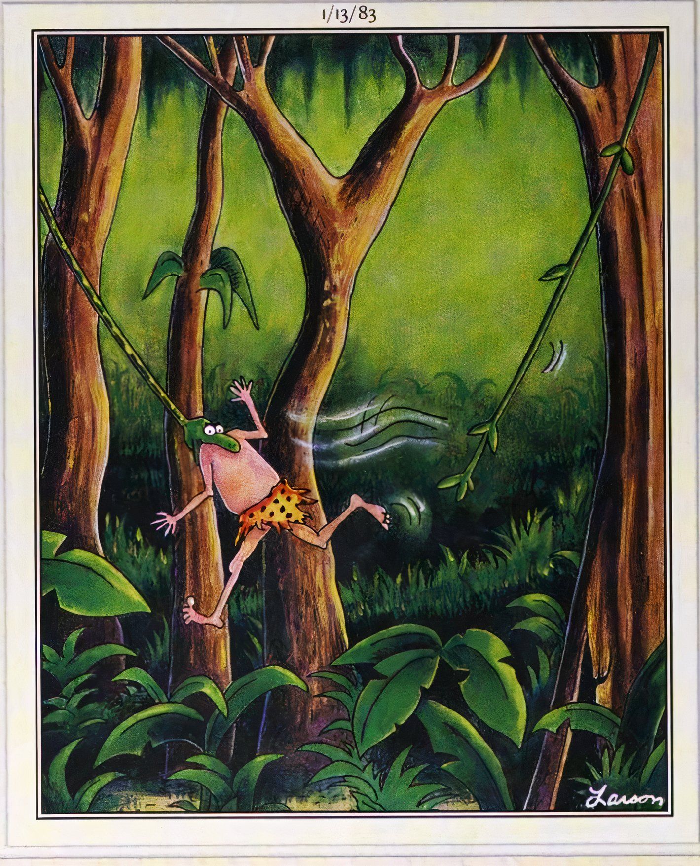 Far Side, January 13, 1983, Tarzan's head is swallowed by a snake as he swings through the jungle