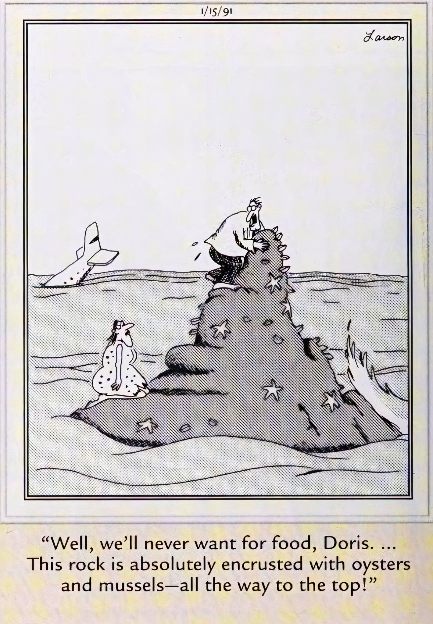 Far Side, 15 de janeiro de 1991, dois sobreviventes de um acidente de avião agarrados a uma rocha coberta de mariscos no meio do oceano