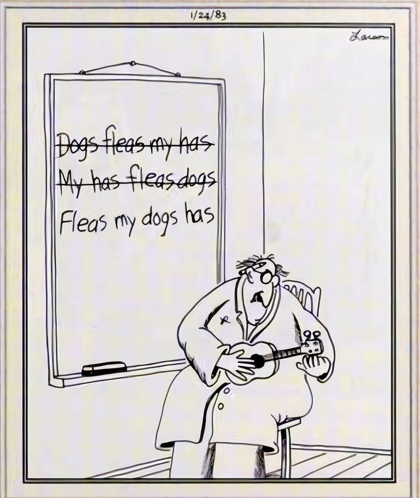 Far Side, January 24, 1983, man struggles to write a song