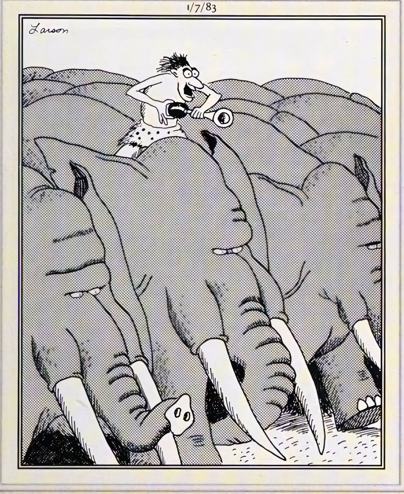 Far Side, 7 de janeiro de 1983, Tarzan buzinando enquanto lidera uma matilha de elefantes em uma investida