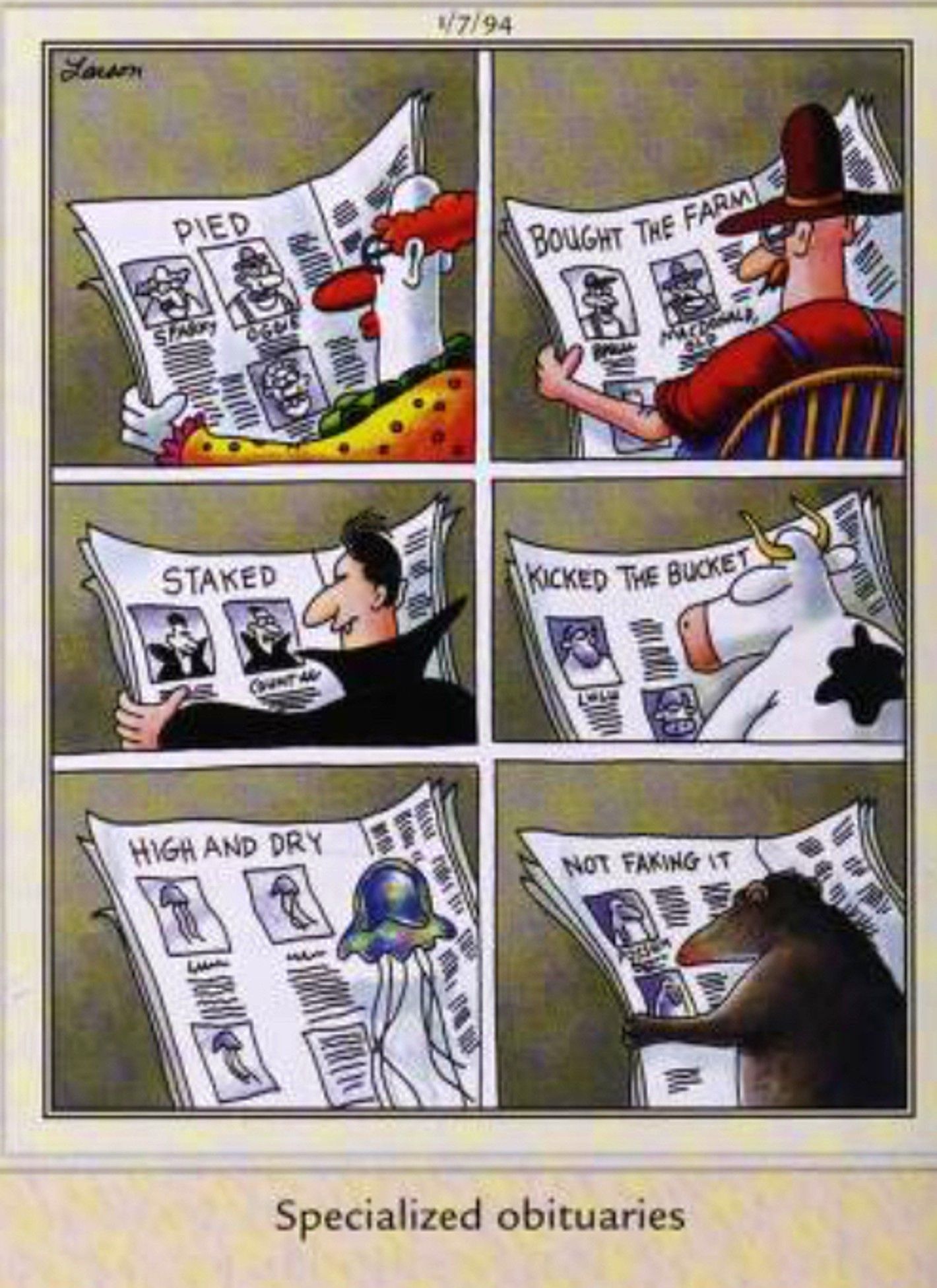 Far Side, 7 de janeiro de 1994, painéis apresentando 'obituários especializados'