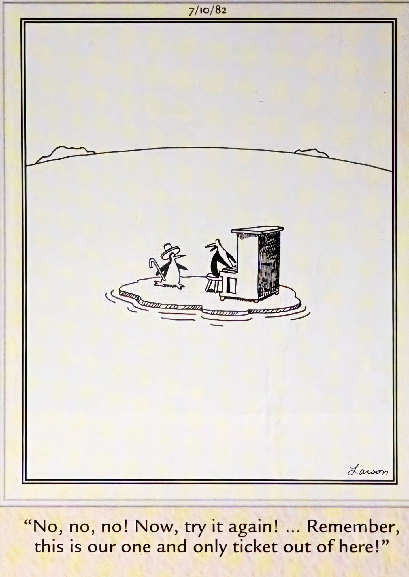 Far Side, July 10, 1982, a penguin song and dance act practices their routine