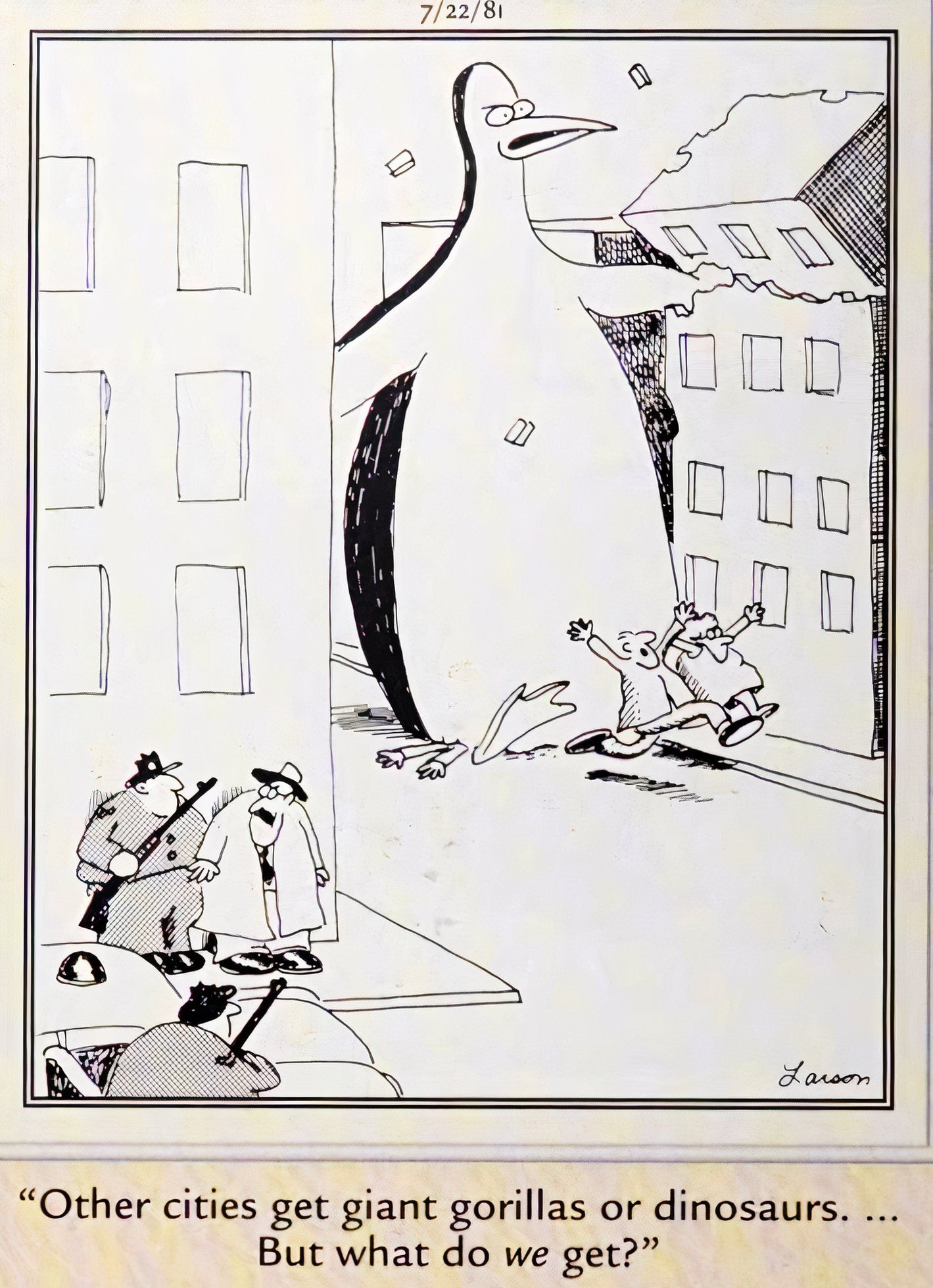 Far Side, July 22, 1981, a giant penguin rampages through a city