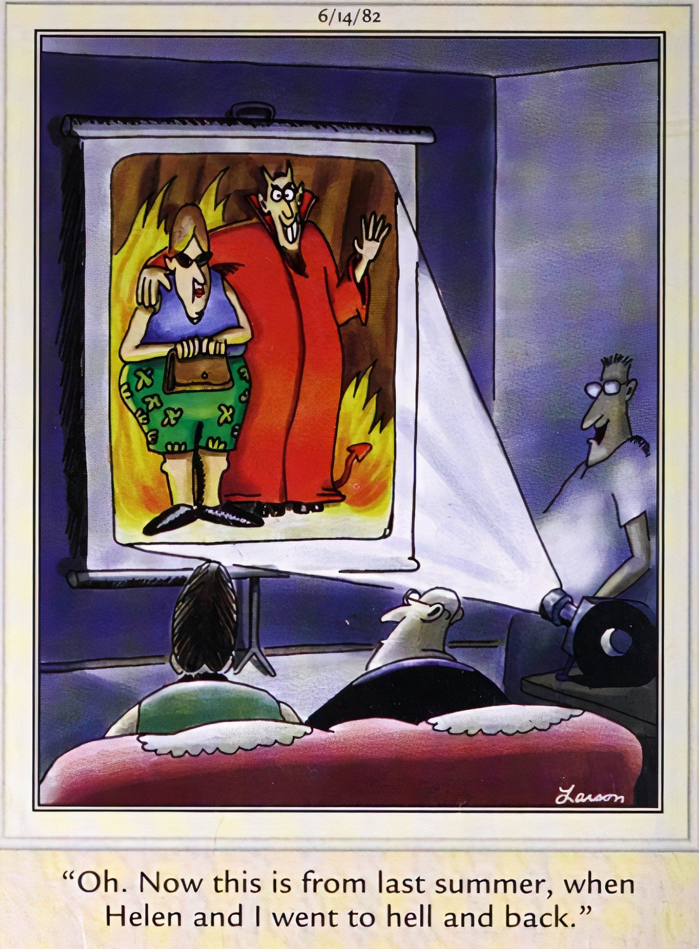 Far Side, 14 de junho de 1982, fotos das férias da viagem de um casal “ao inferno e de volta”