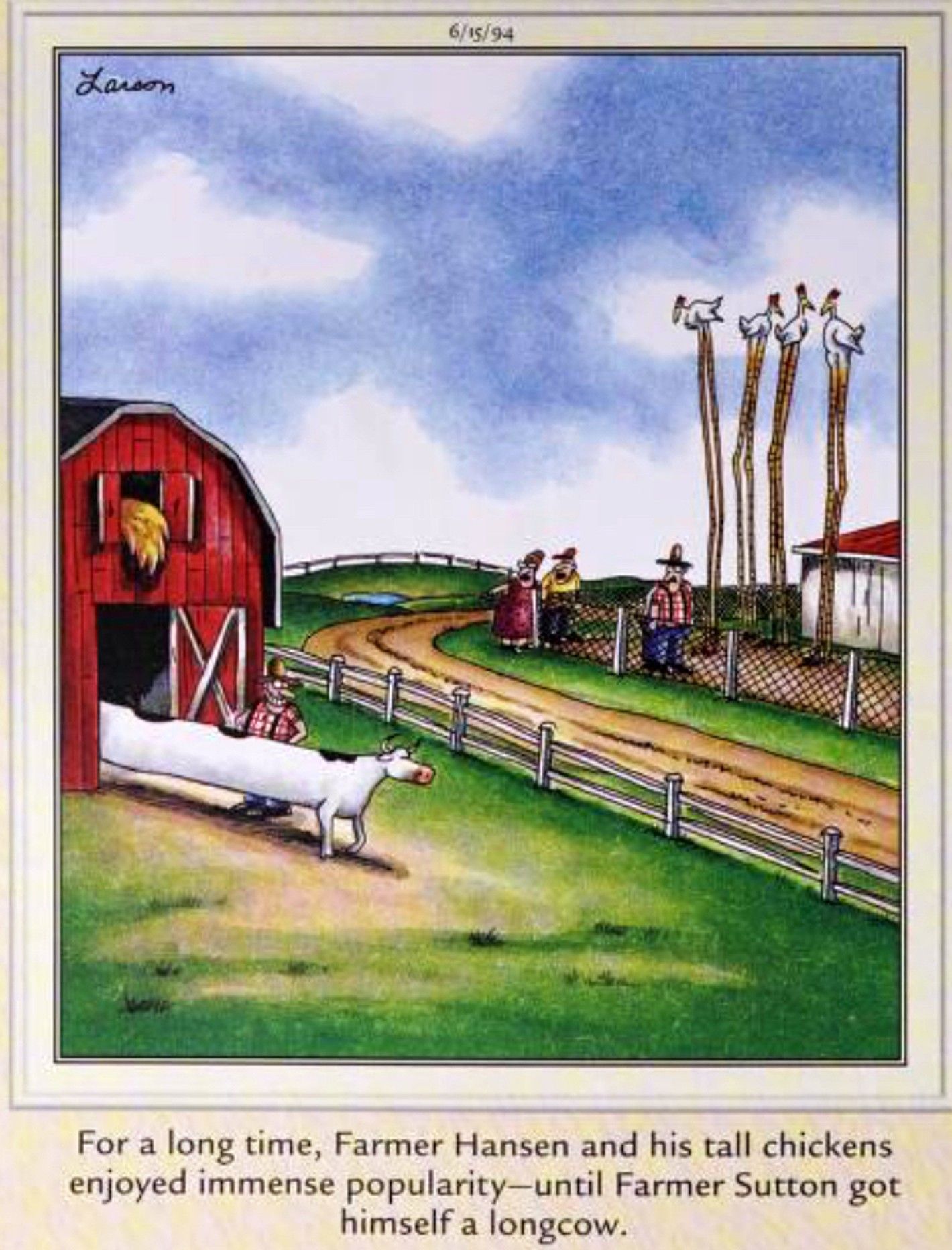 Far Side, 15 de junho de 1994, os agricultores comparam suas vacas longas e galinhas altas