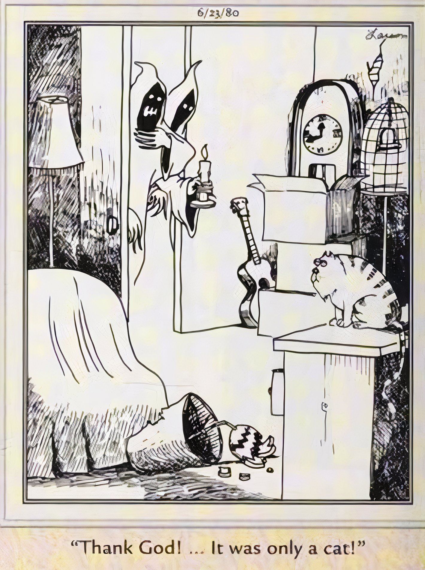 Far Side, 23 de junho de 1980, figuras macabras ficam aliviadas ao descobrir que o barulho que ouviram era apenas um gato