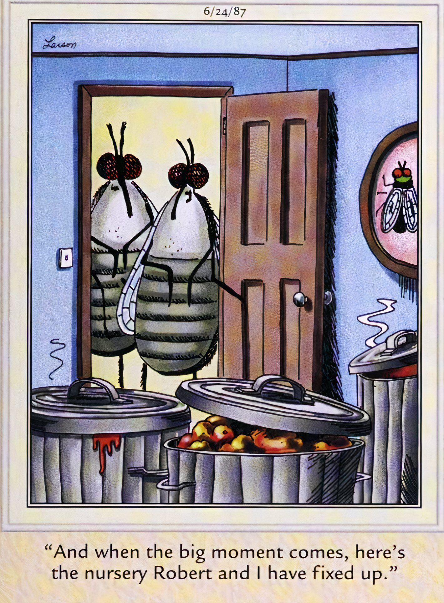 Far Side, June 24, 1987, Fly shows the new 'kids' room' in his home, which is full of trash cans.