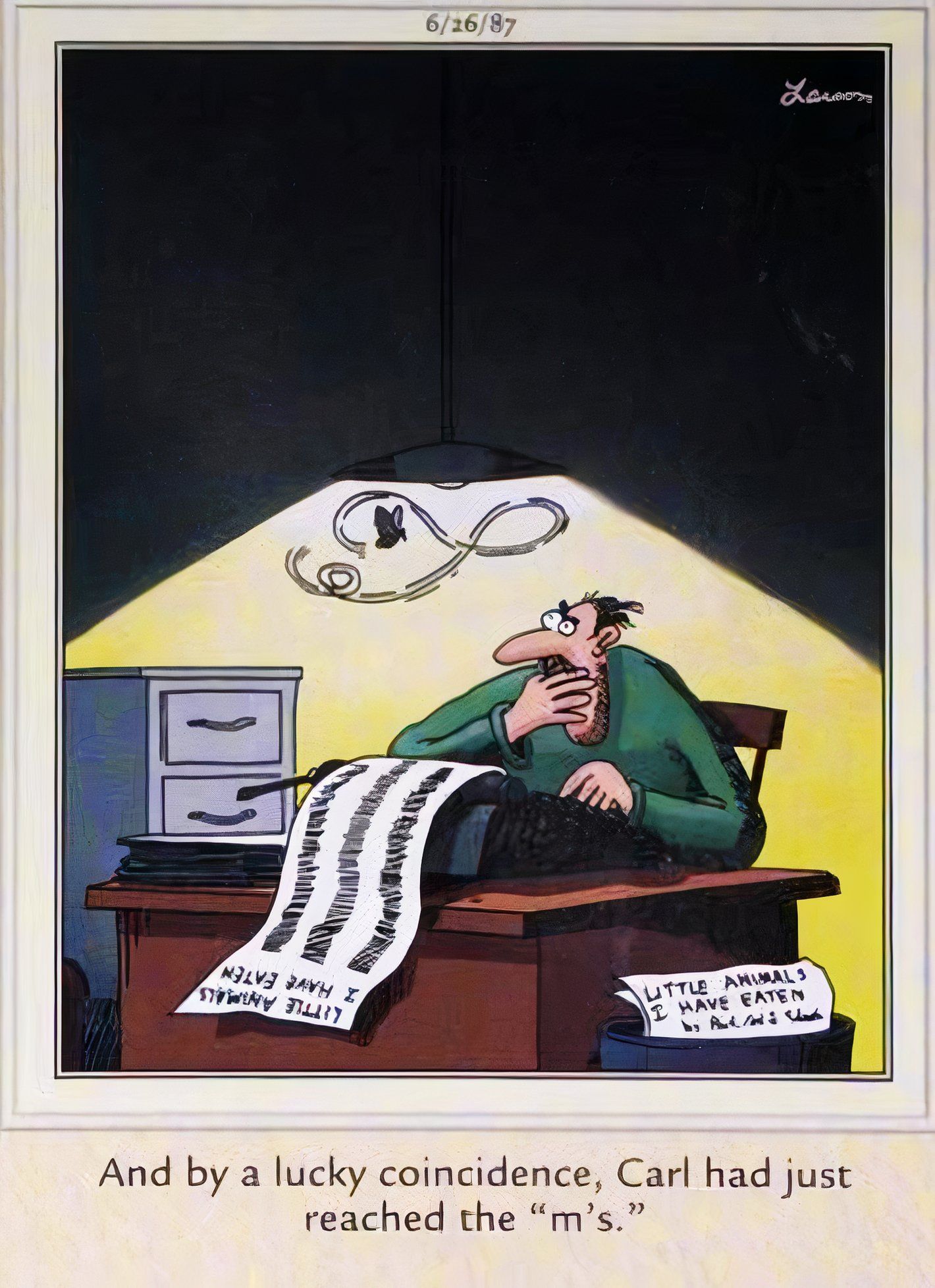 Far Side, June 26, 1987, a man struggles to find the next entry on the list he's writing