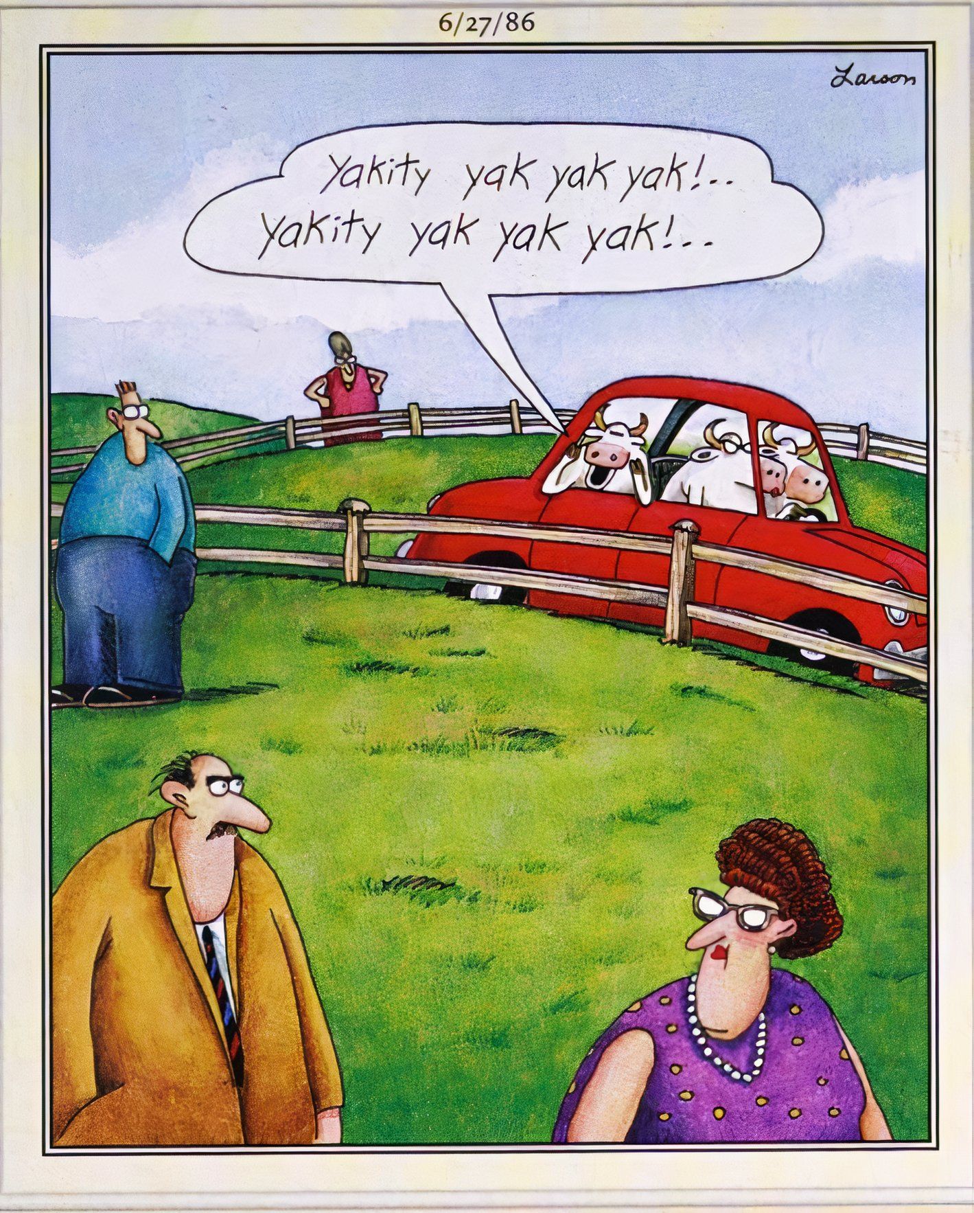 Far Side, June 27, 1986, cow yelling out a car window at humans milling in a pasture