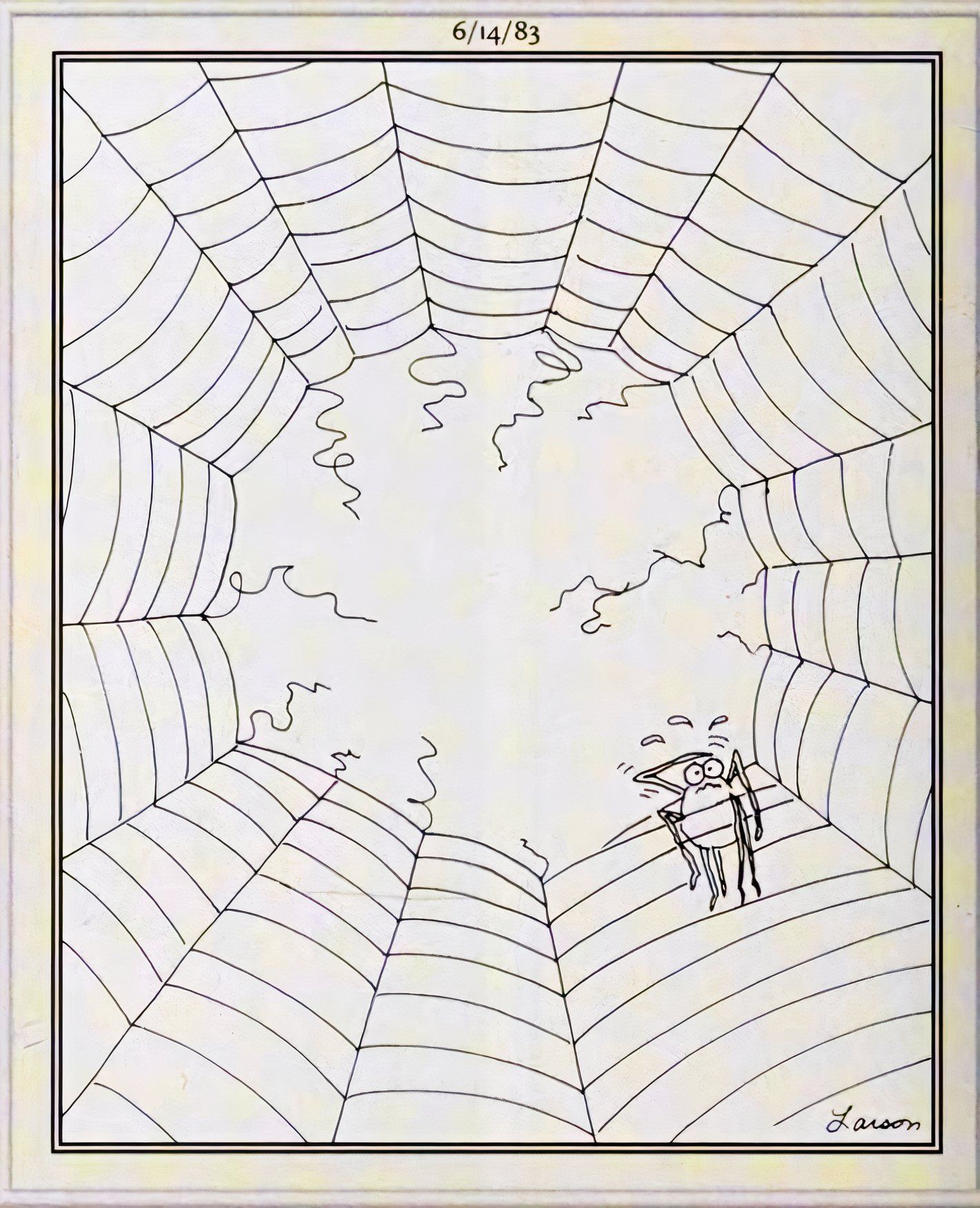 Far Side, 4 de junho de 1983, uma aranha olha através de um buraco que foi aberto em sua teia